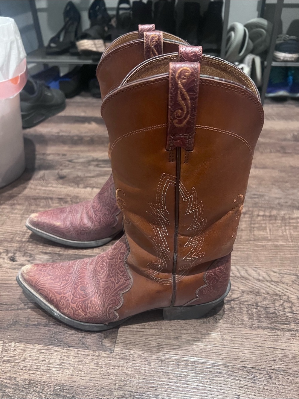 Ariat Brown Leather Western Boots with Faded Pink Pull Straps